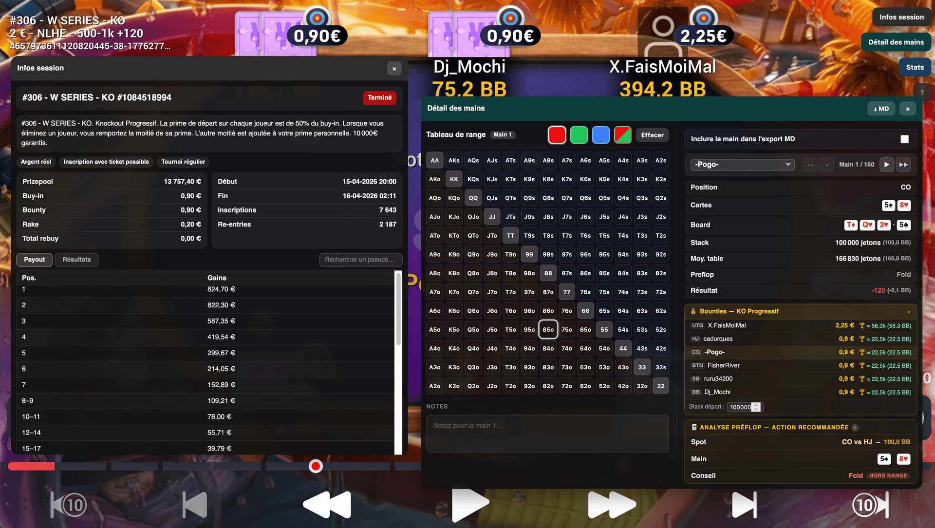 Interface Hand Replayer Companion - Analyse de tournoi Winamax avec range editor et statistiques